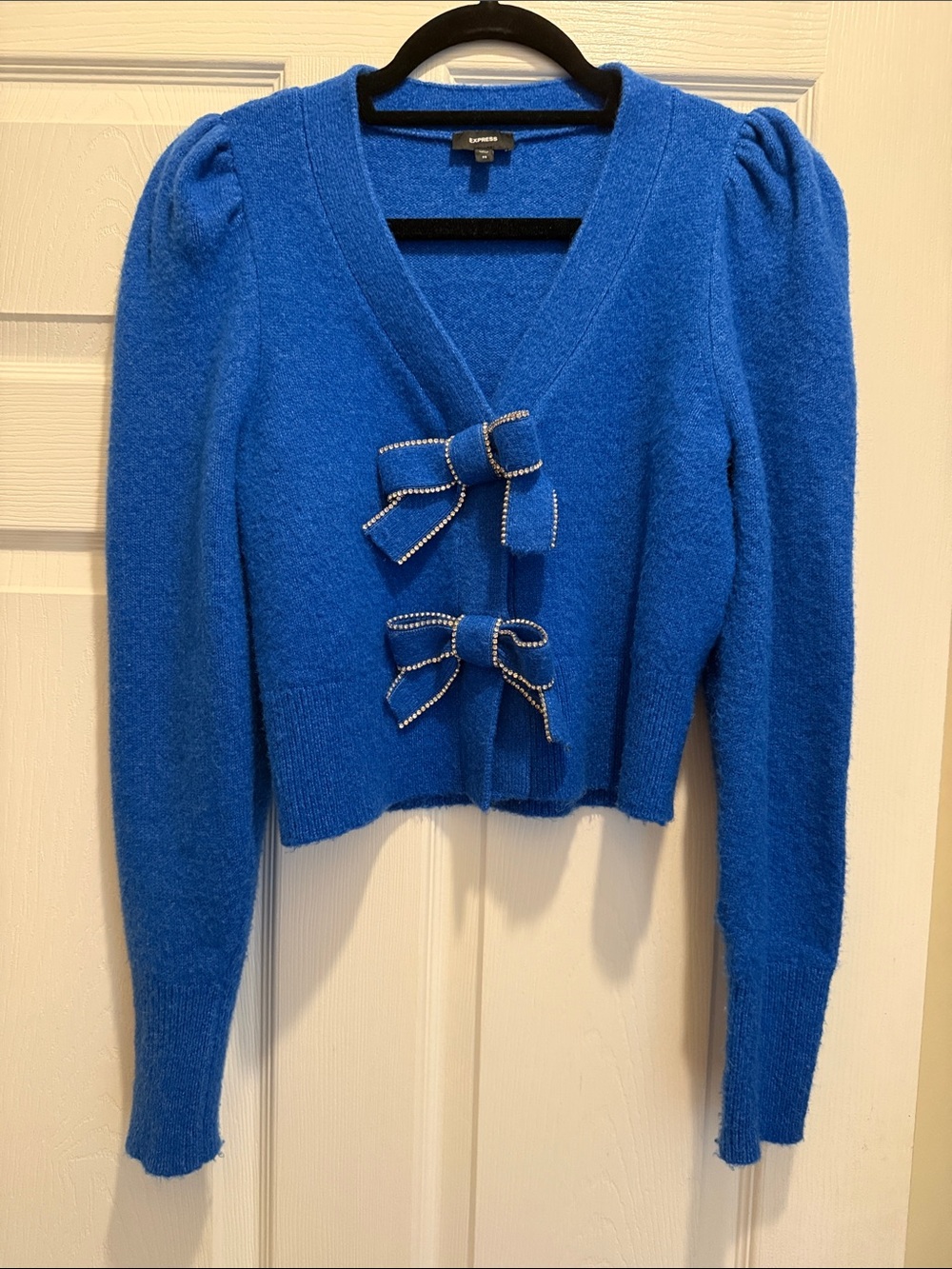 Express Blue Rhinestone Bow Cardigan Sweater XS Puff Sleeve